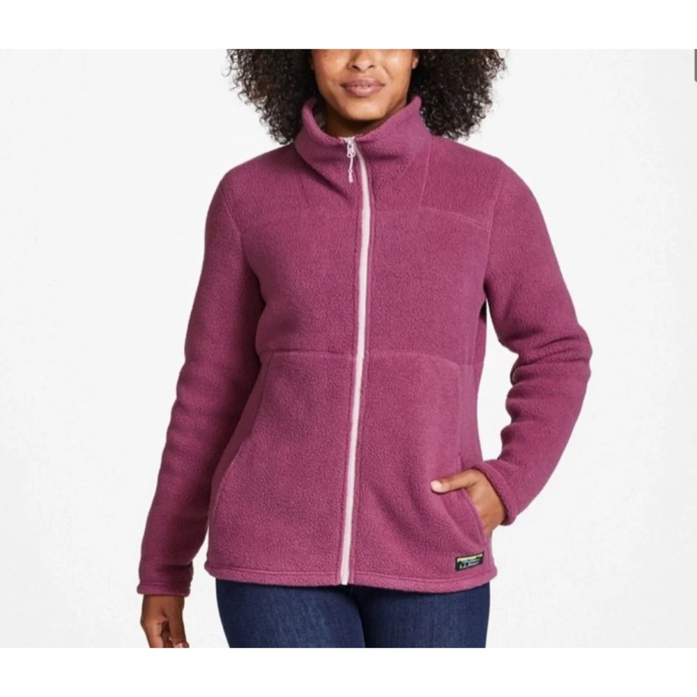 LL Bean Women Full Zip Fleece Jacket Berry Purple Mock Neck XS Petite 518806‎
